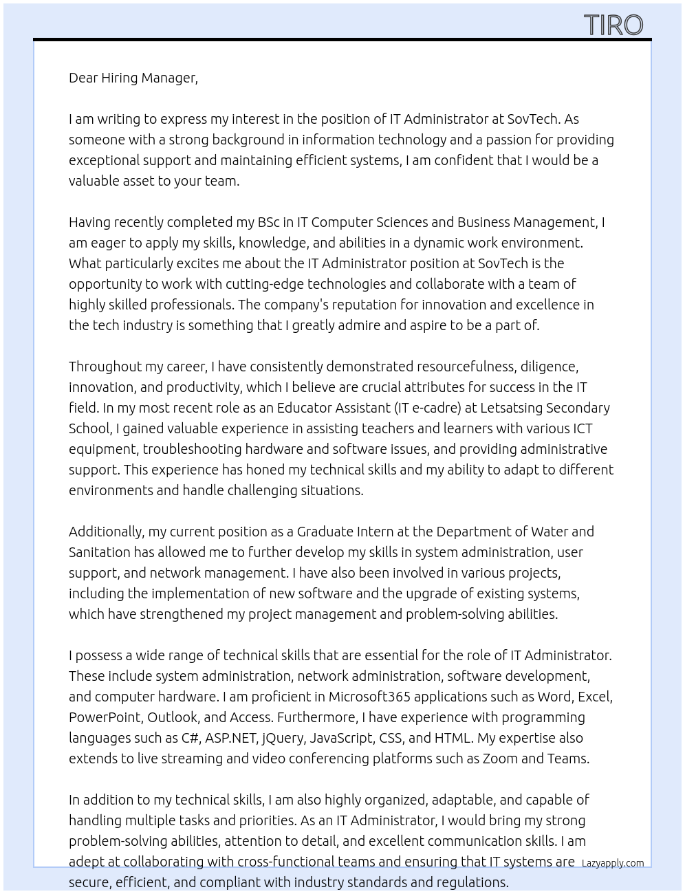 IT Administrator At SovTech Cover Letter