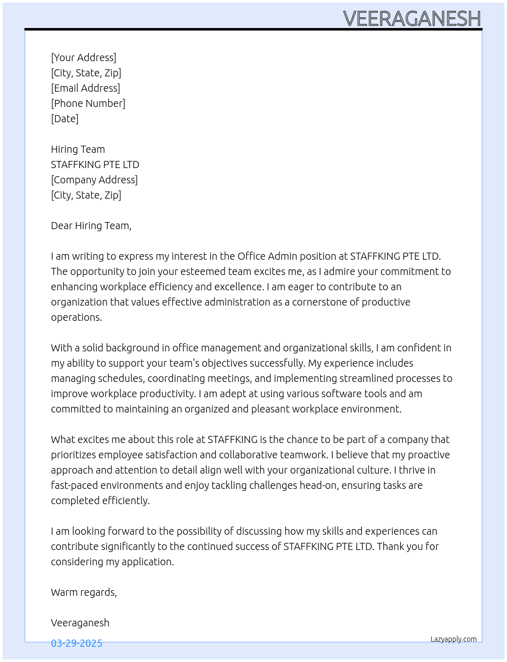 Office Admin At STAFFKING PTE LTD Cover Letter