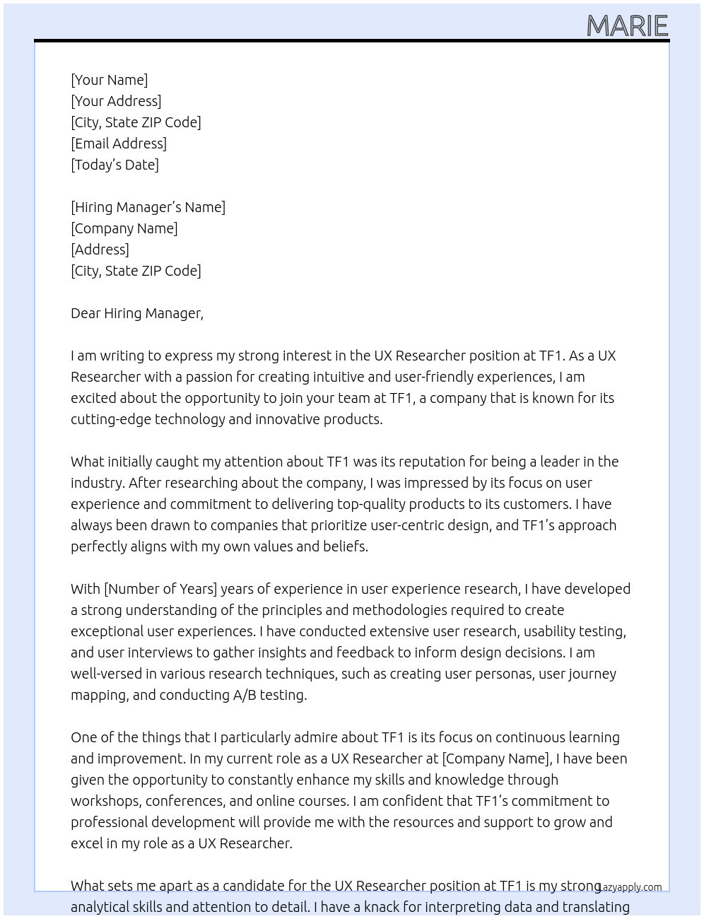 UX Researcher At TF1 Cover Letter
