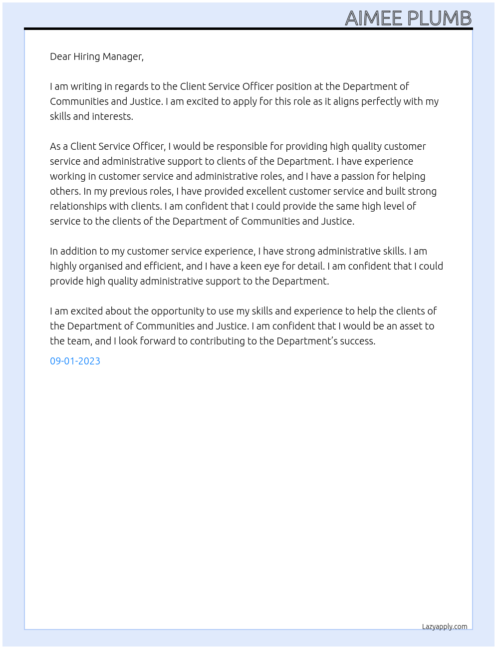 Client Service Officer At Department of Communities and Justice Cover Letter