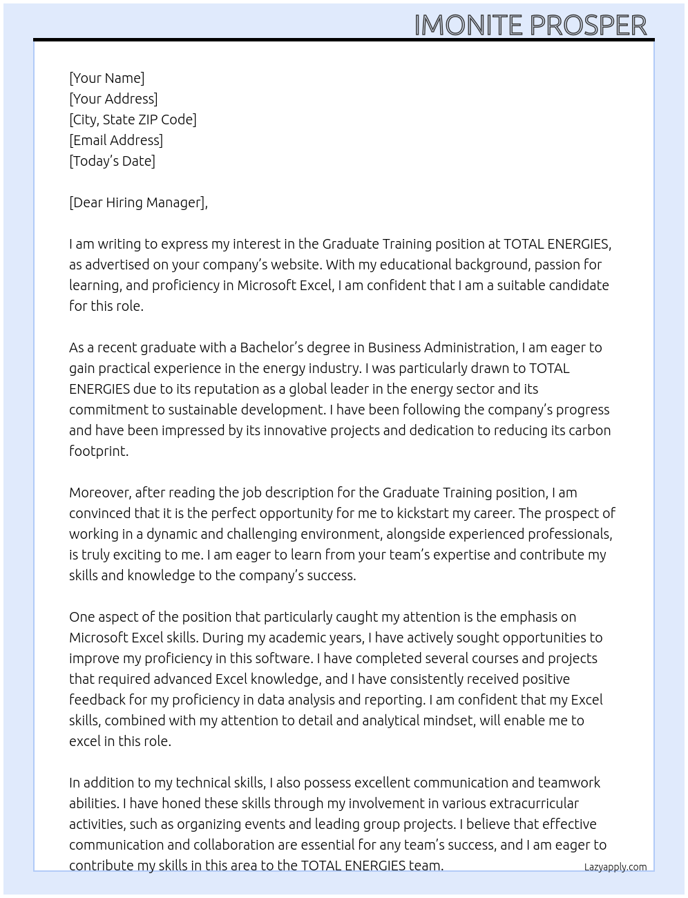 GRADUATE TRAINING  At TOTALENERGIES Cover Letter