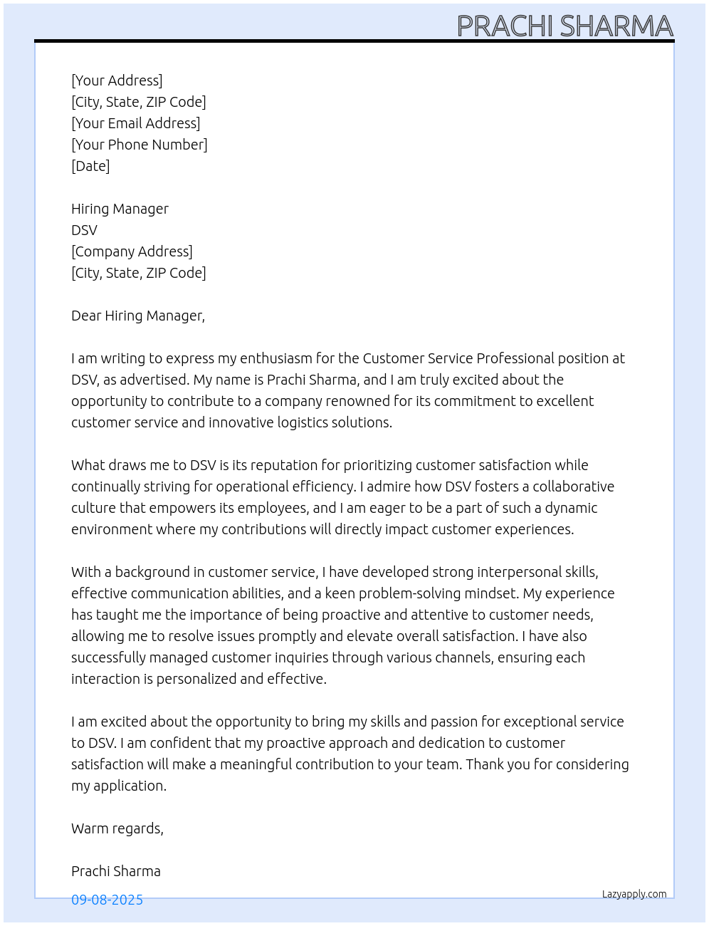 Cover letter for customer service professional - LazyApply