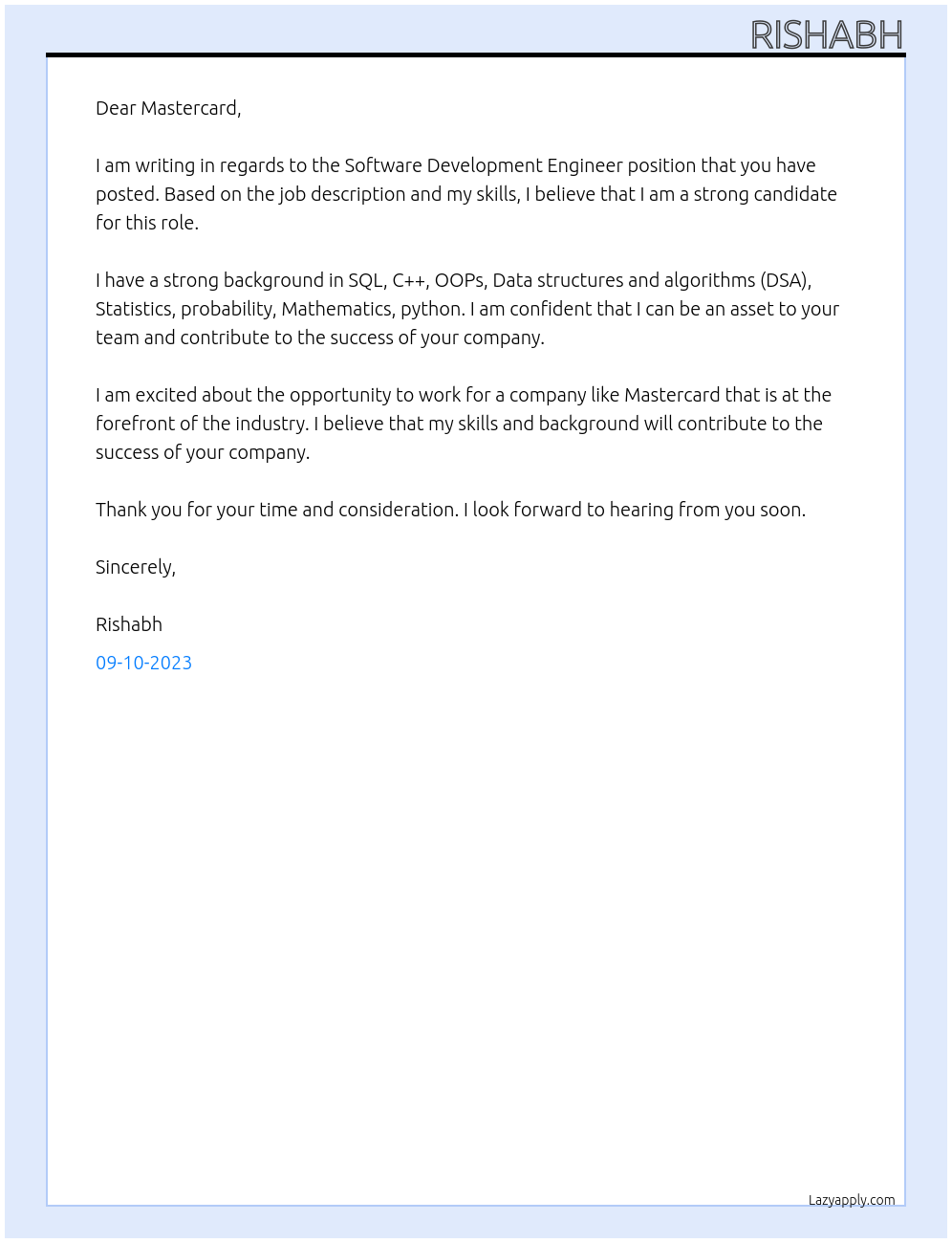 Software Development Engineer At Mastercard Cover Letter