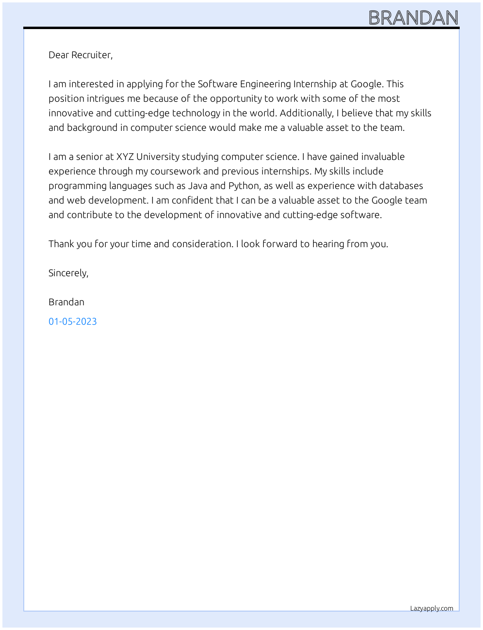 Cover letter for software engineering internship - LazyApply