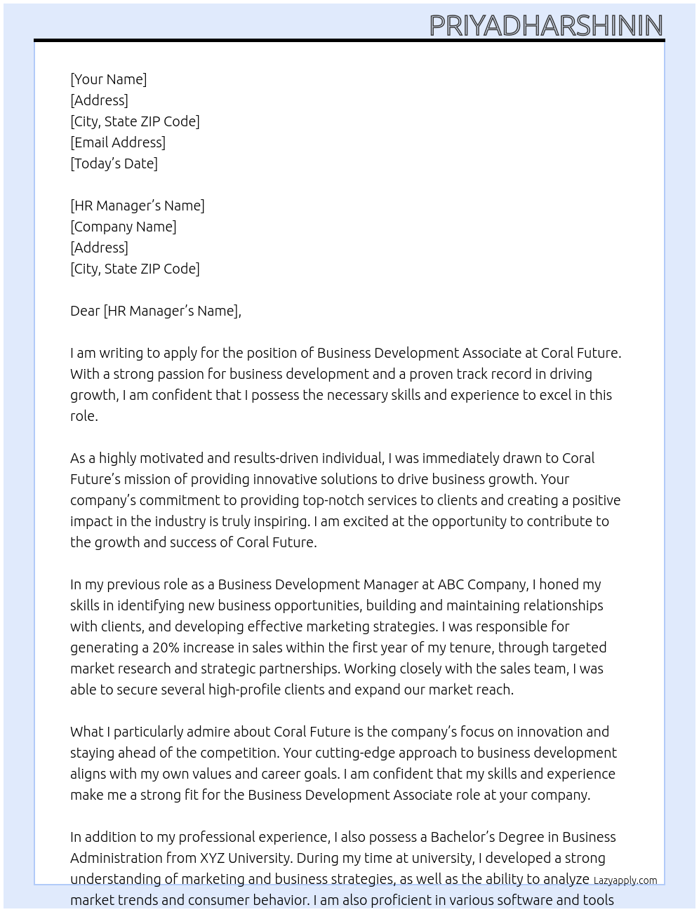 Business development associate At Coral future Cover Letter