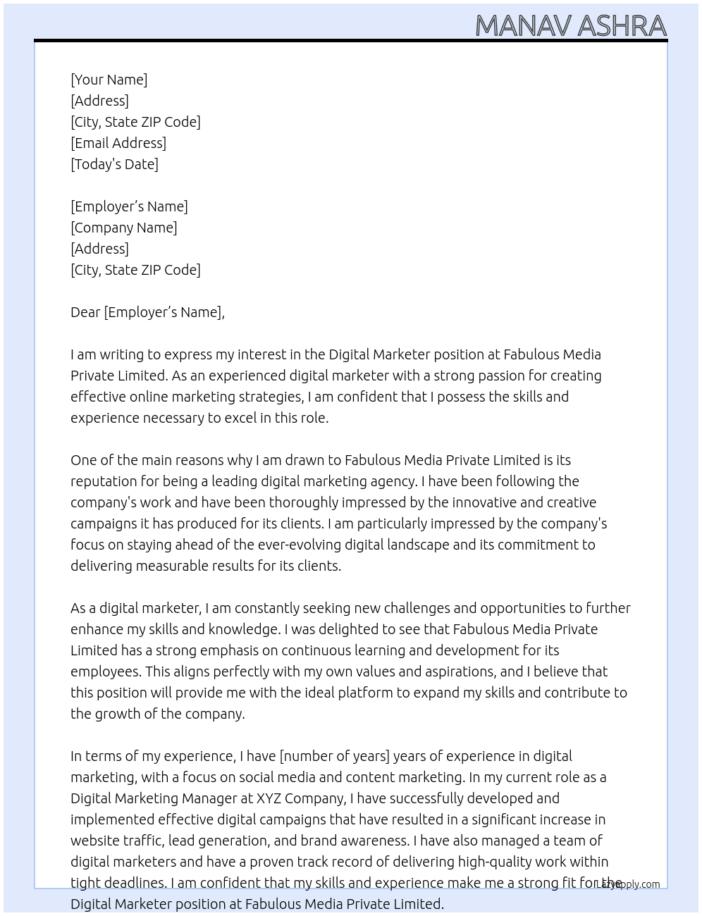 digital marketer At fabulous media private limited Cover Letter