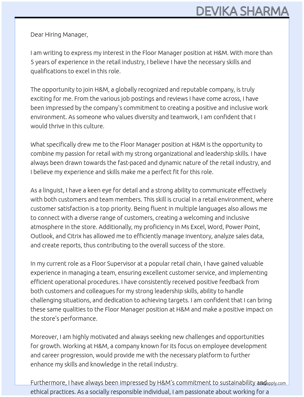 Floor Manager At H&M Cover Letter