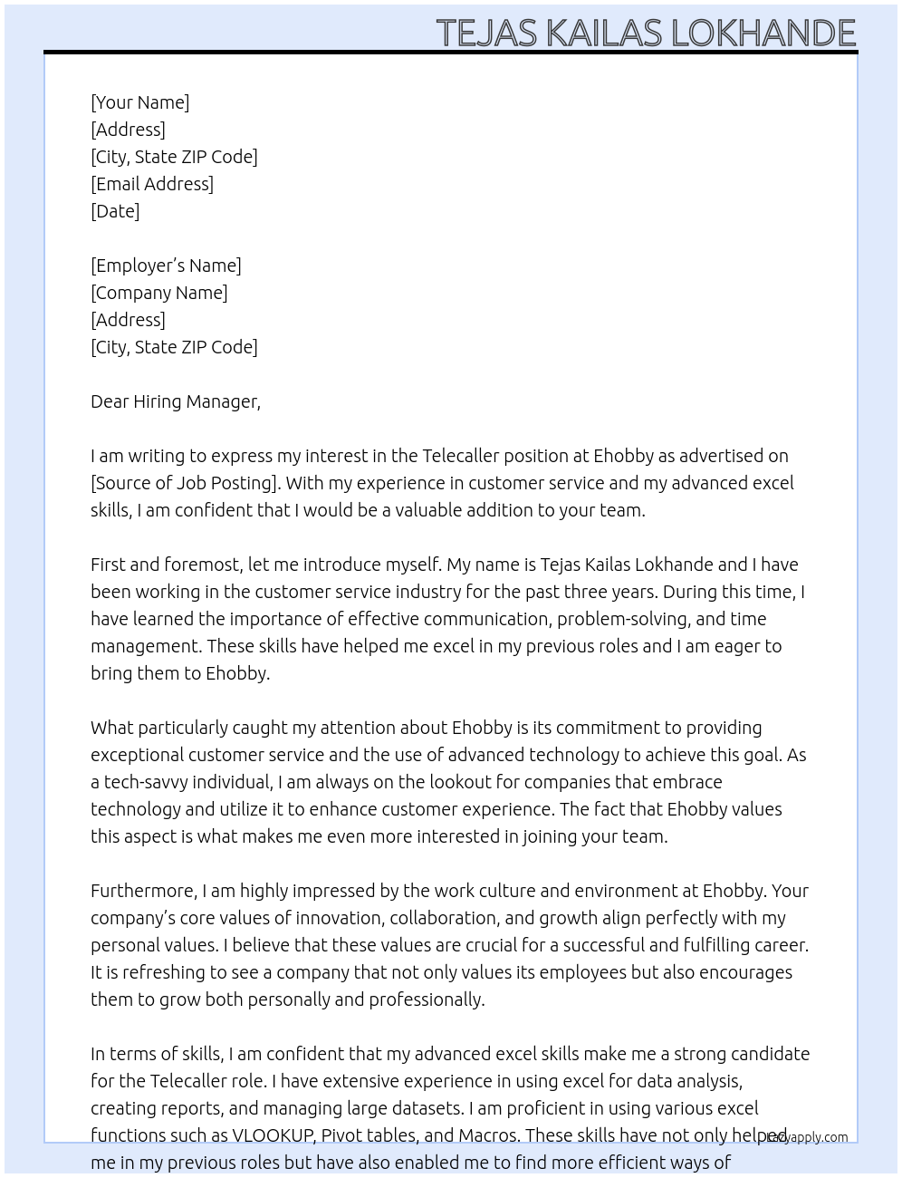 Telecaller At Ehobby Cover Letter