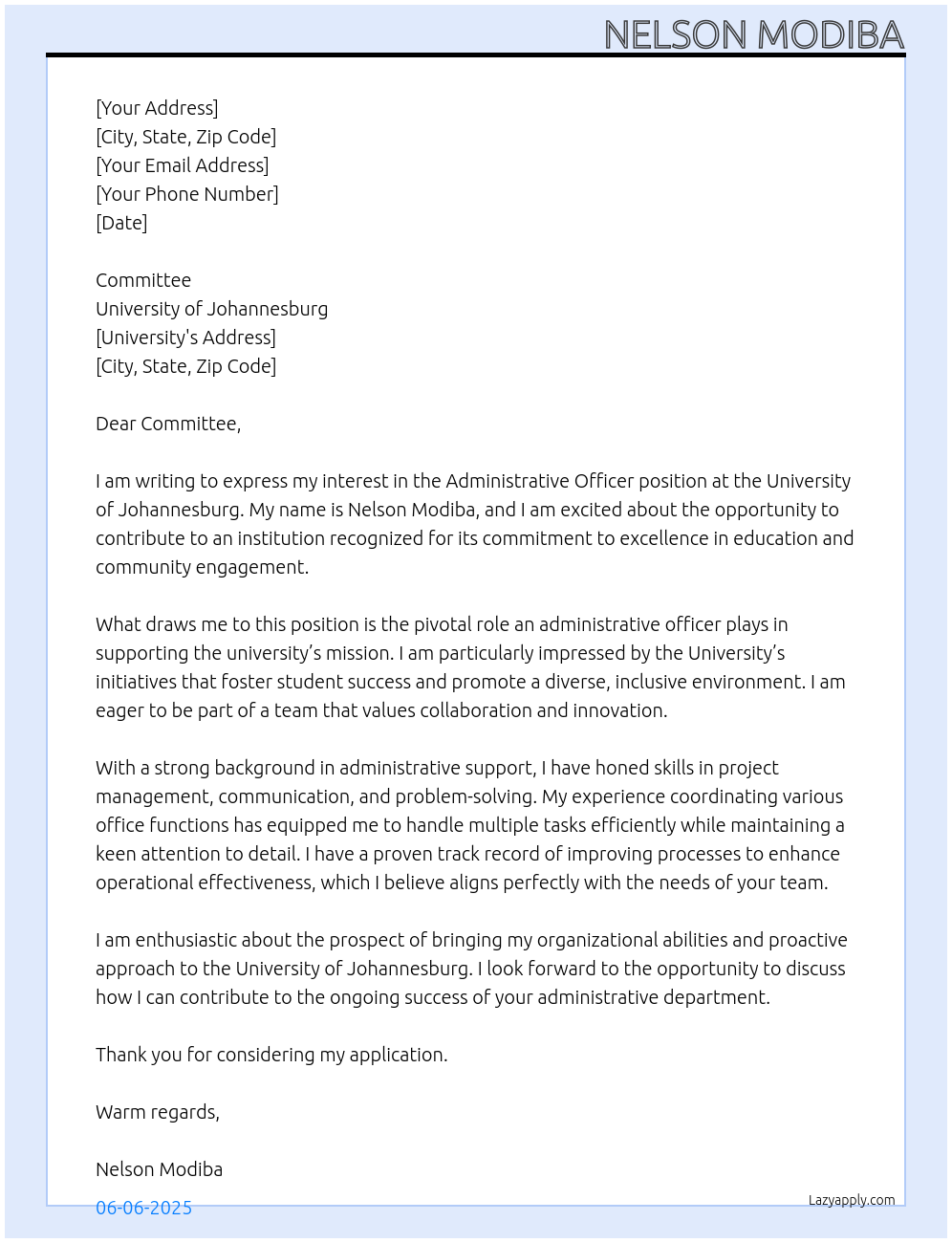 ADMINISTRATIVE OFFICER At University of jojannesburg Cover Letter