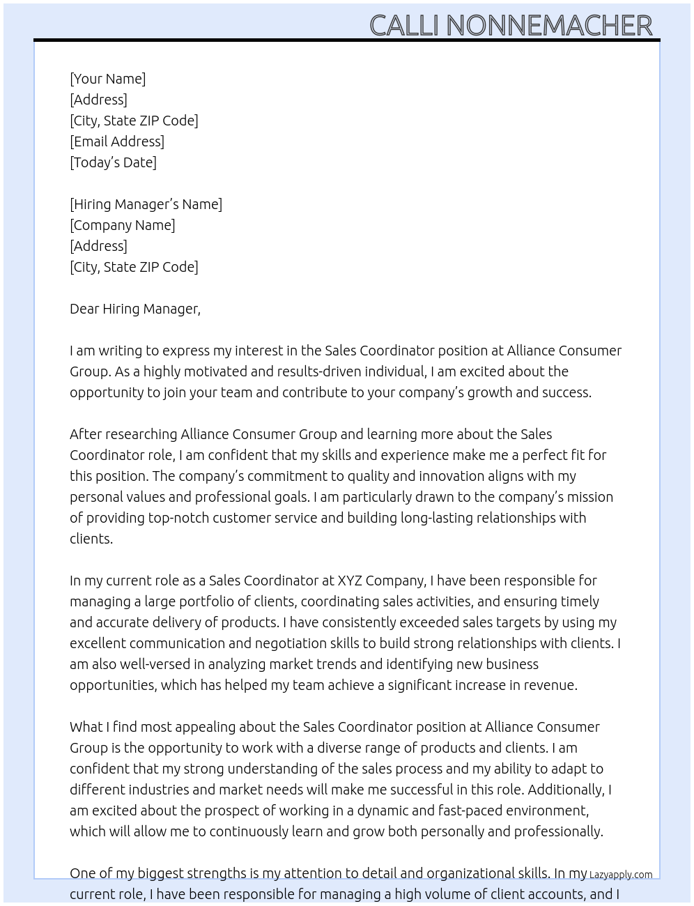 Sales Coordinator  At Alliance Consumer Group Cover Letter