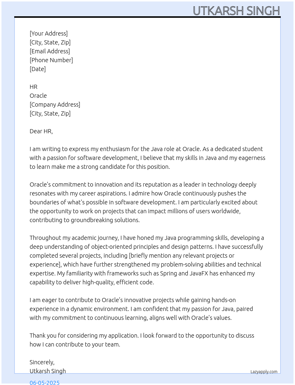 Student At Oracle Cover Letter