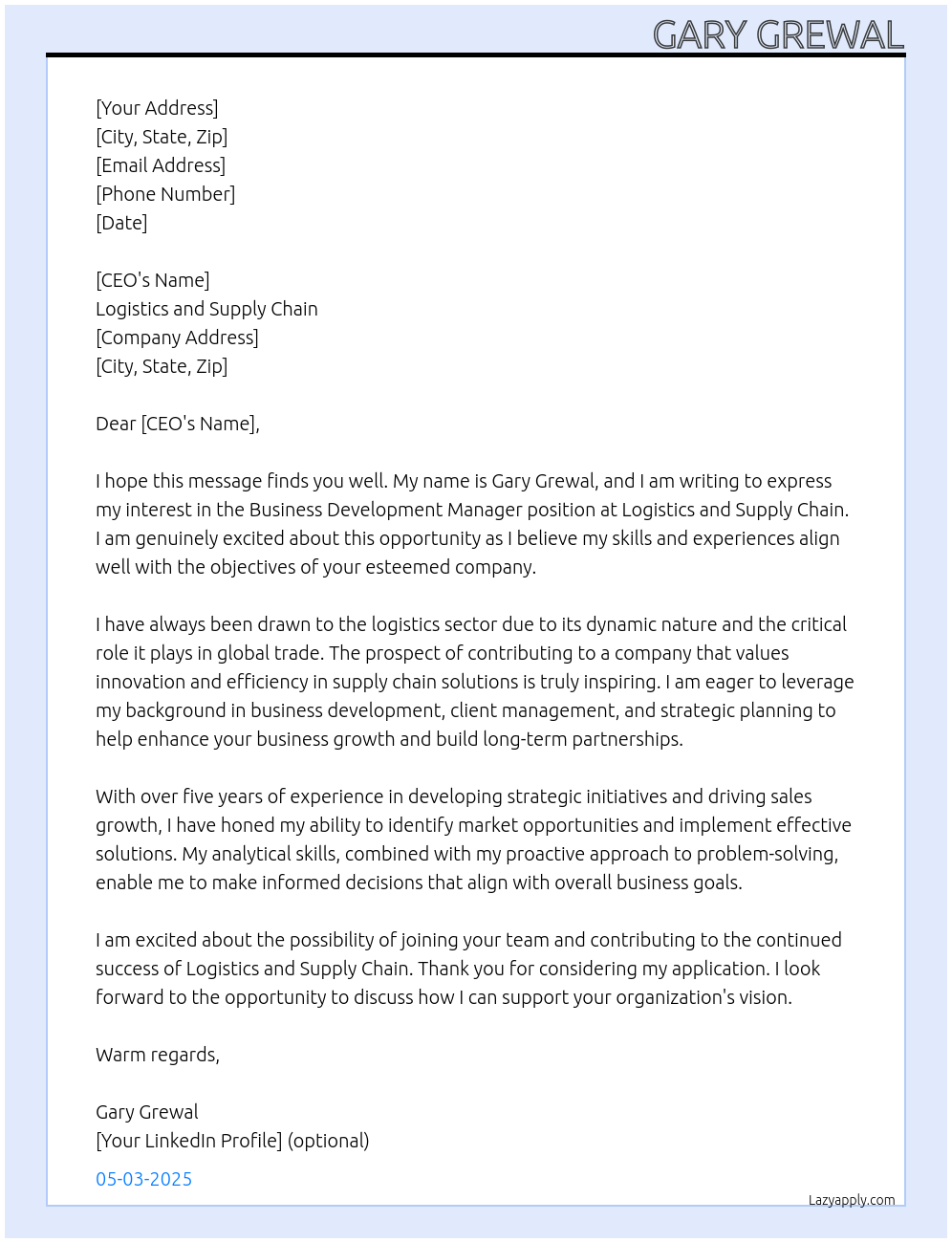 Business Development Manager At Logistics and supply chain Cover Letter