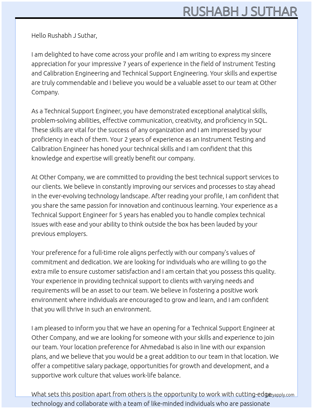TECHNICAL SUPPORT ENGINEER At OTHER COMPANY Cover Letter