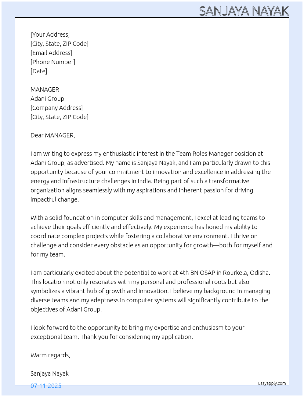 MANAGER At ADANI GROUP Cover Letter