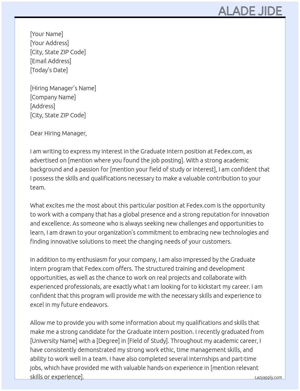 Graduate Intern  At Fedex.com Cover Letter