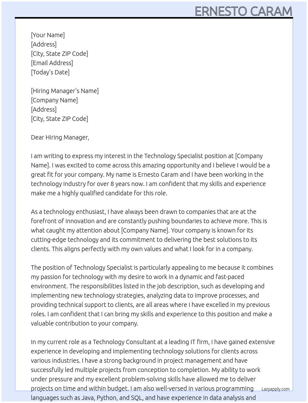 Technology Specialist At this amazing opportunity Cover Letter