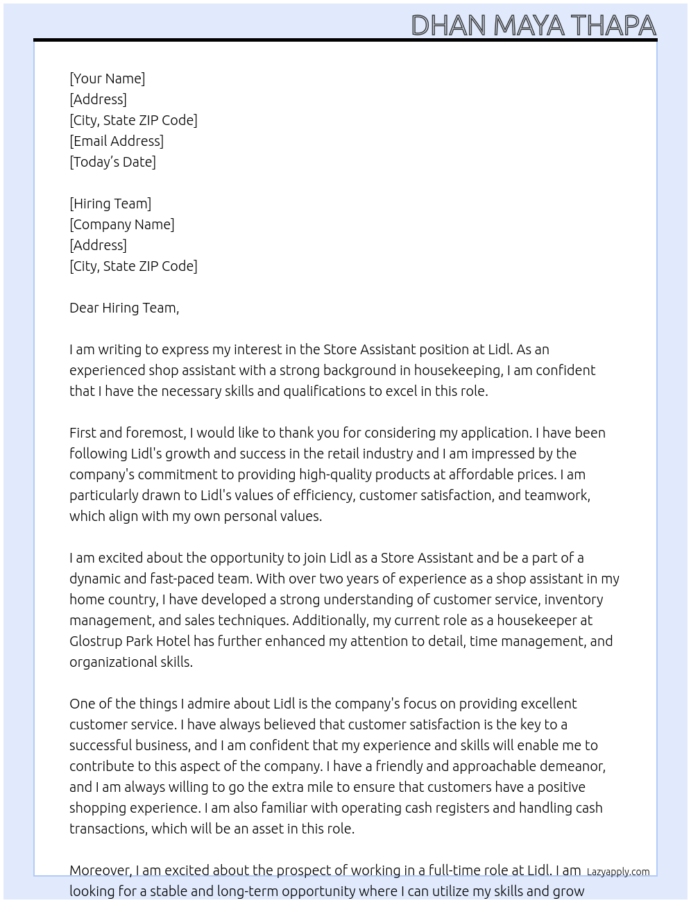 Store assistant At Lidl Cover Letter