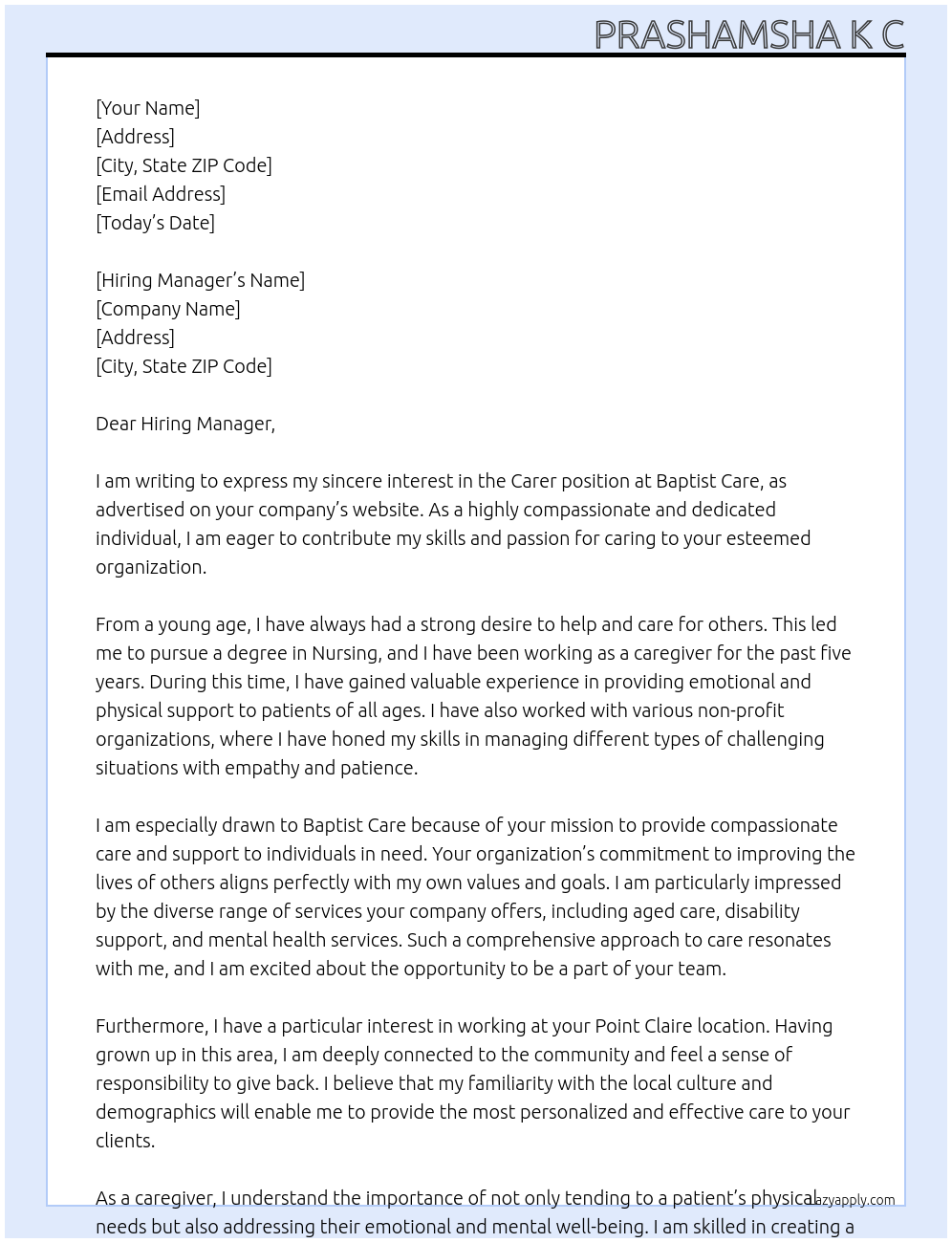 Carer At Baptist Care Cover Letter