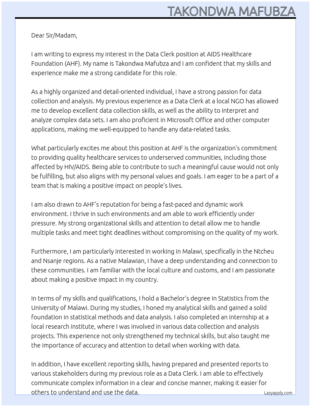 Data Clerk At AIDS Healthcare Foundation (AHF) Cover Letter