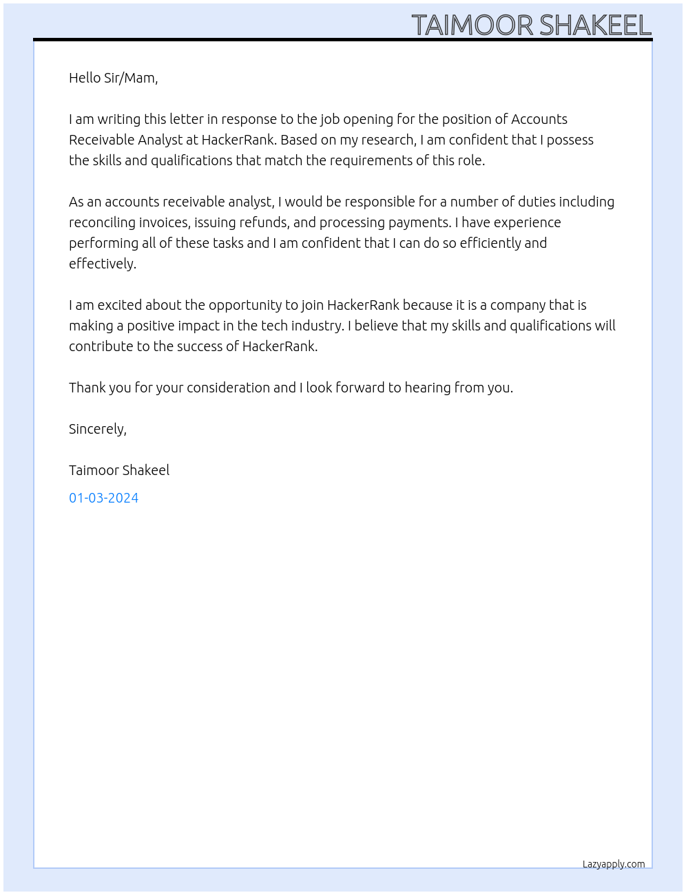Accounts Receivable Analyst At HackerRank Cover Letter