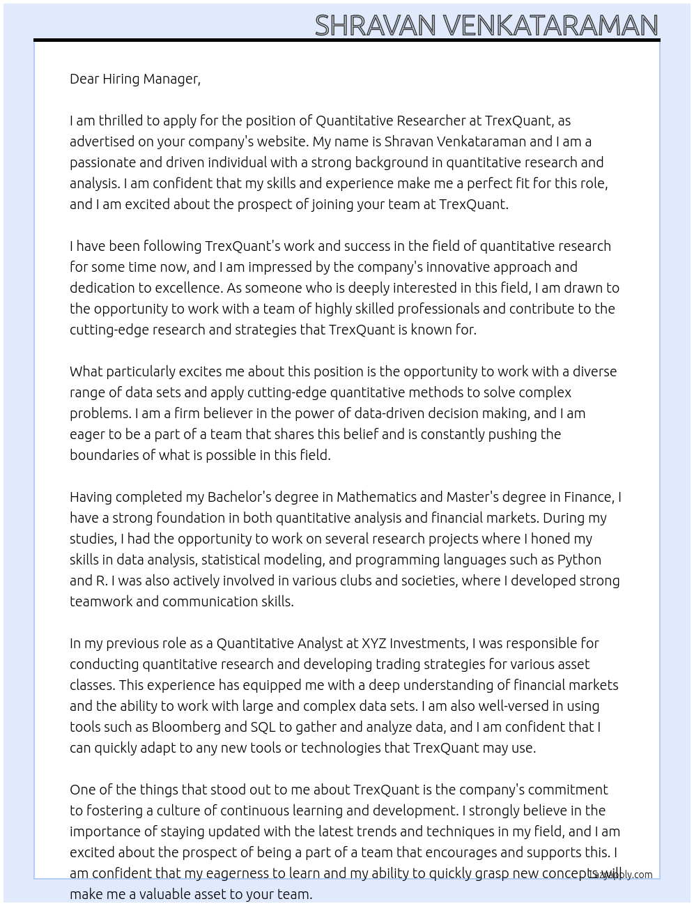 Quantitative Researcher At TrexQuant Cover Letter