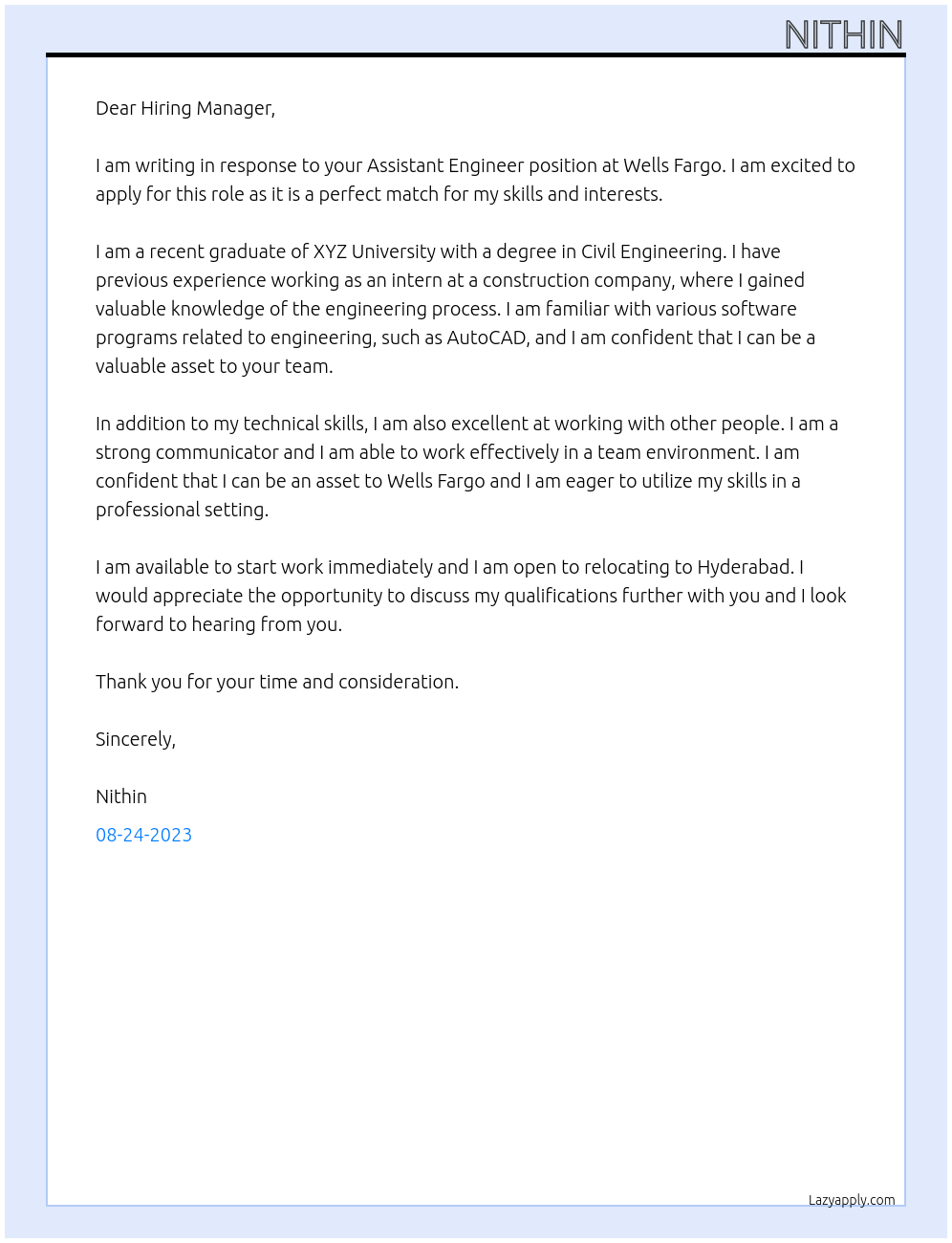 Assistant Engineer At Wells Fargo Cover Letter