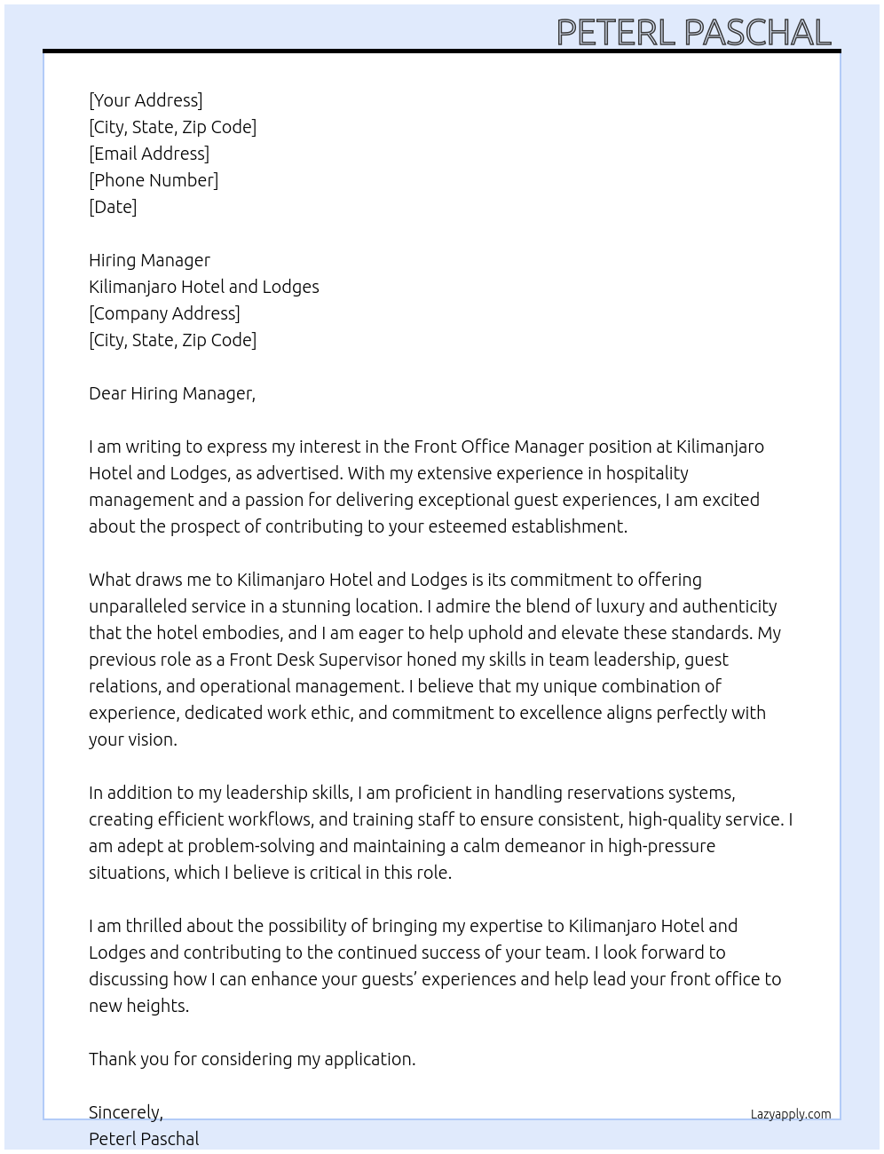 Front office manager At Kilimanjaro Hotel and Lodges Cover Letter