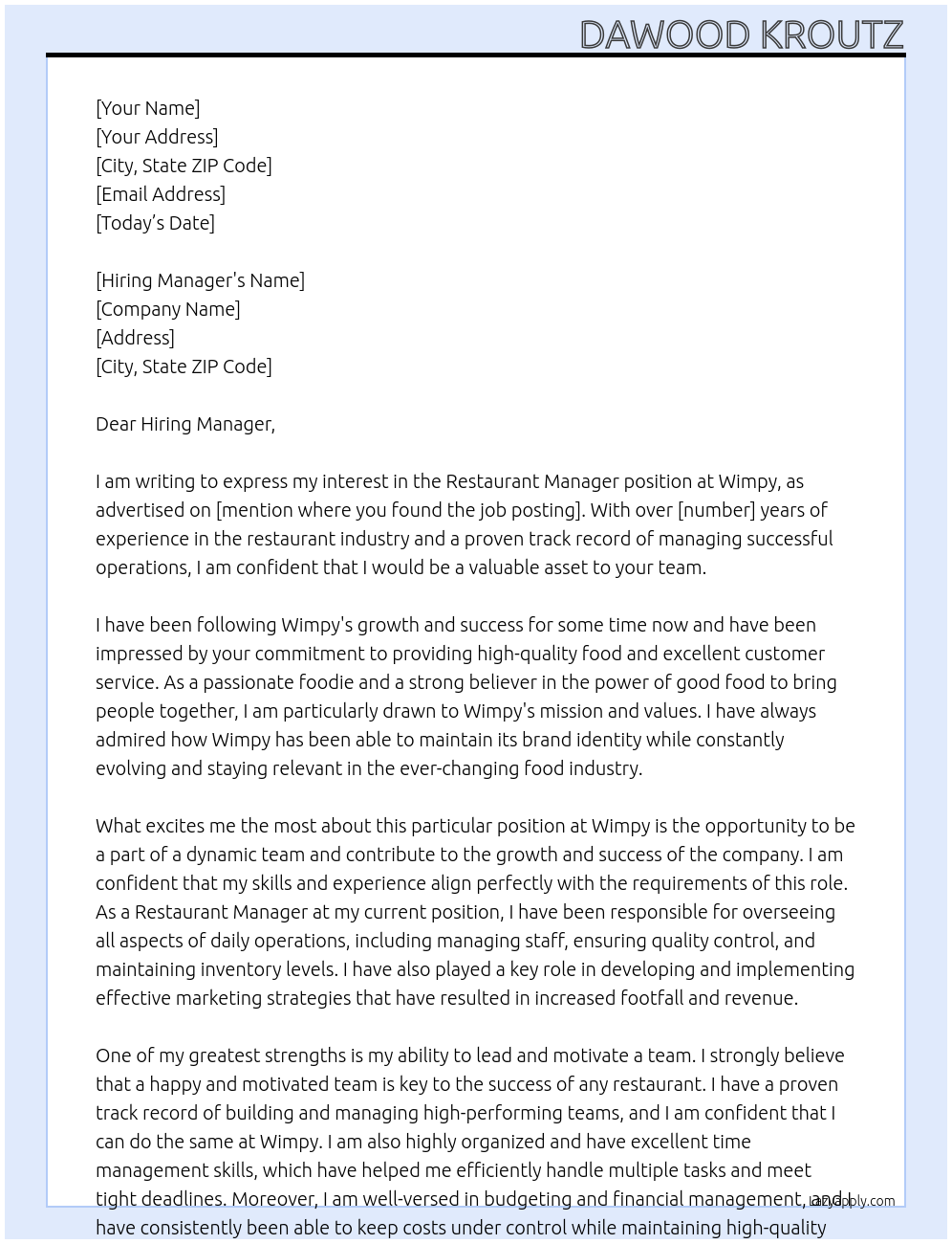 Restaurant Manager At Wimpy Cover Letter