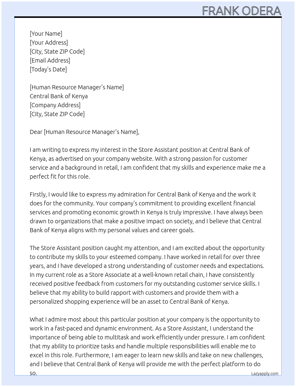 Store assistant At Central Bank of Kenya Cover Letter