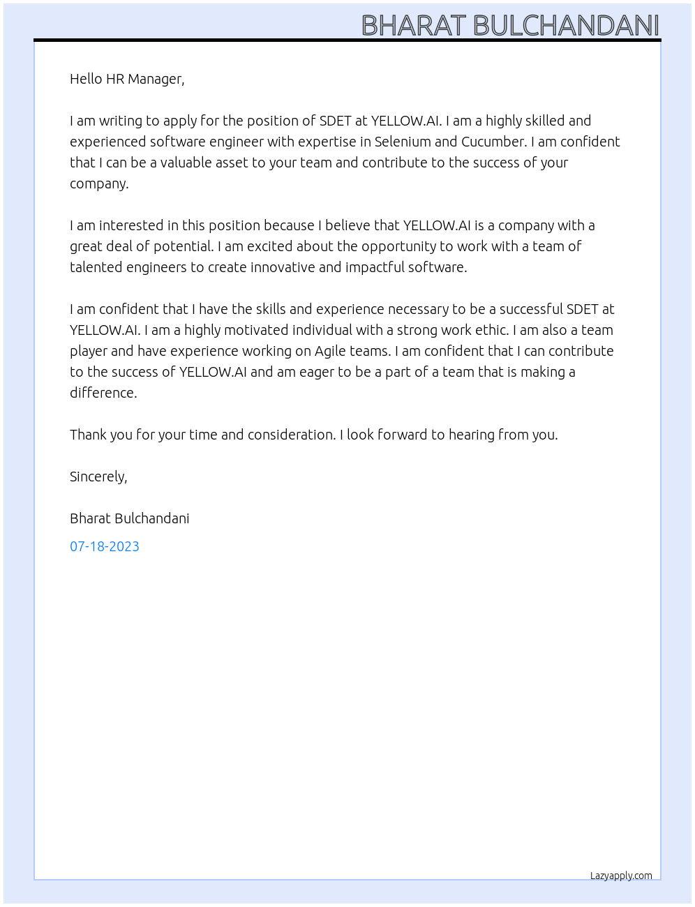 SDET At YELLOW.AI Cover Letter