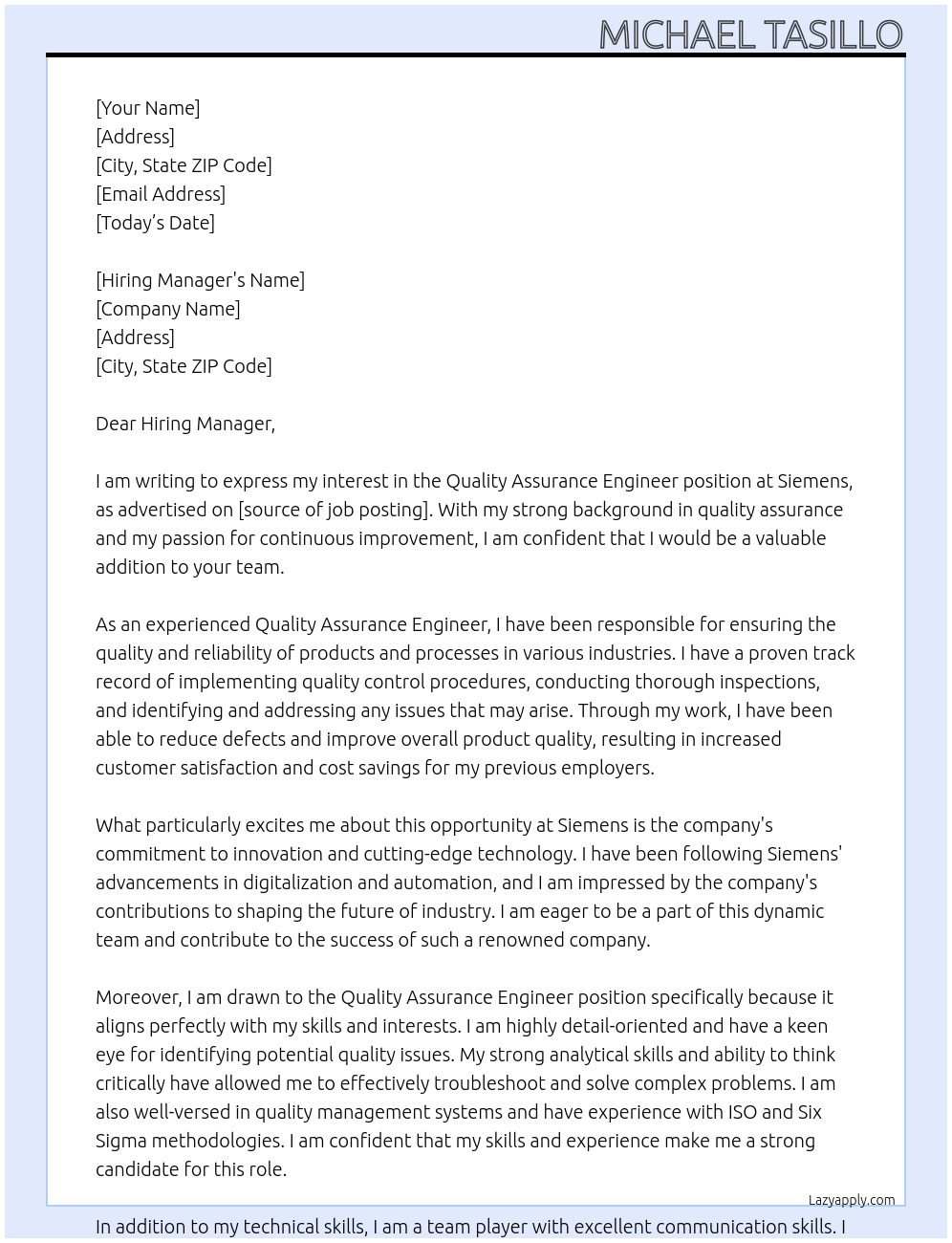 Quality Assurance Engineer At Siemens Cover Letter