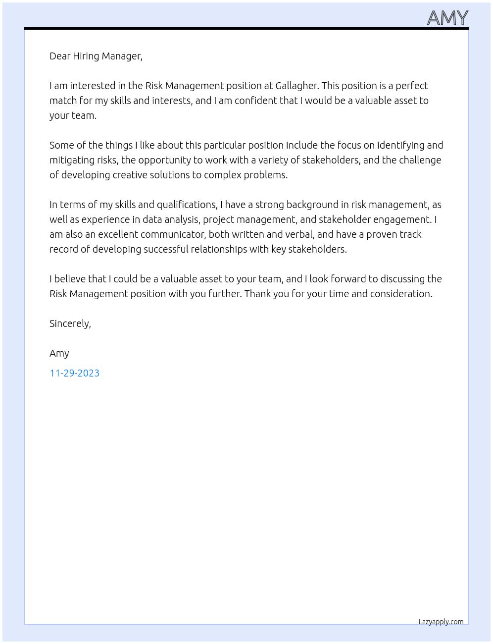 Risk Management At Gallagher Cover Letter