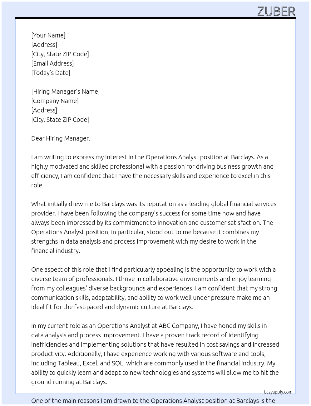 Operations analyst At Barclays Cover Letter