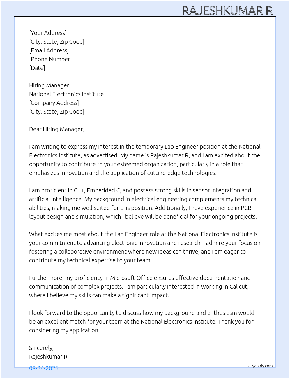 Cover letter for lab engineer - LazyApply