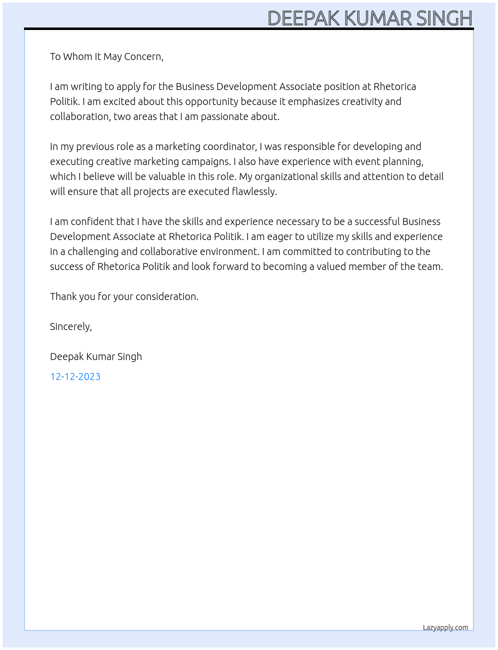 Business Development Associate At Rhetorica Politik Cover Letter