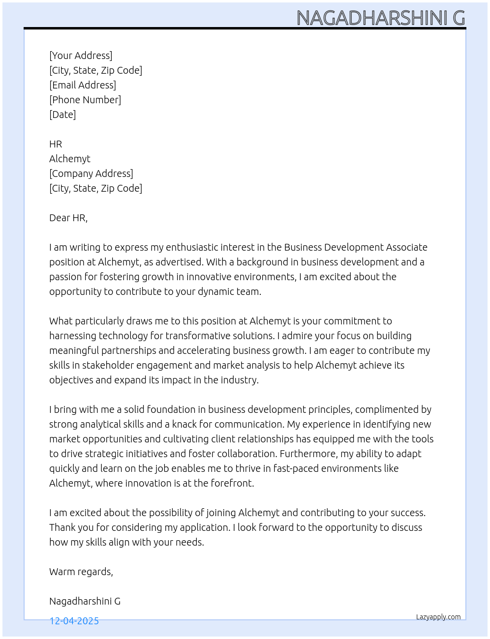 Cover letter for business development associate - LazyApply
