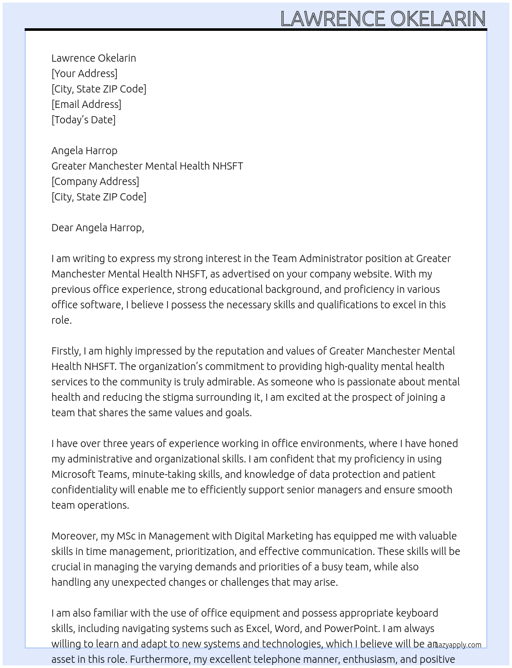 Team Administrator At Greater Manchester Mental Health NHSFT Cover Letter