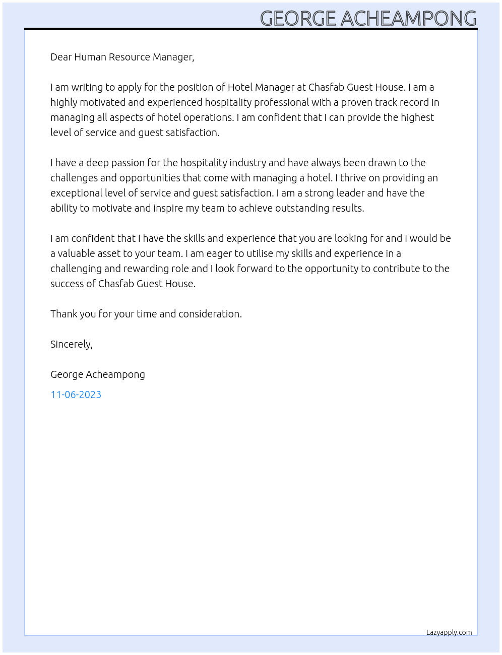 Hotel Manager At Chasfab Guest House Cover Letter