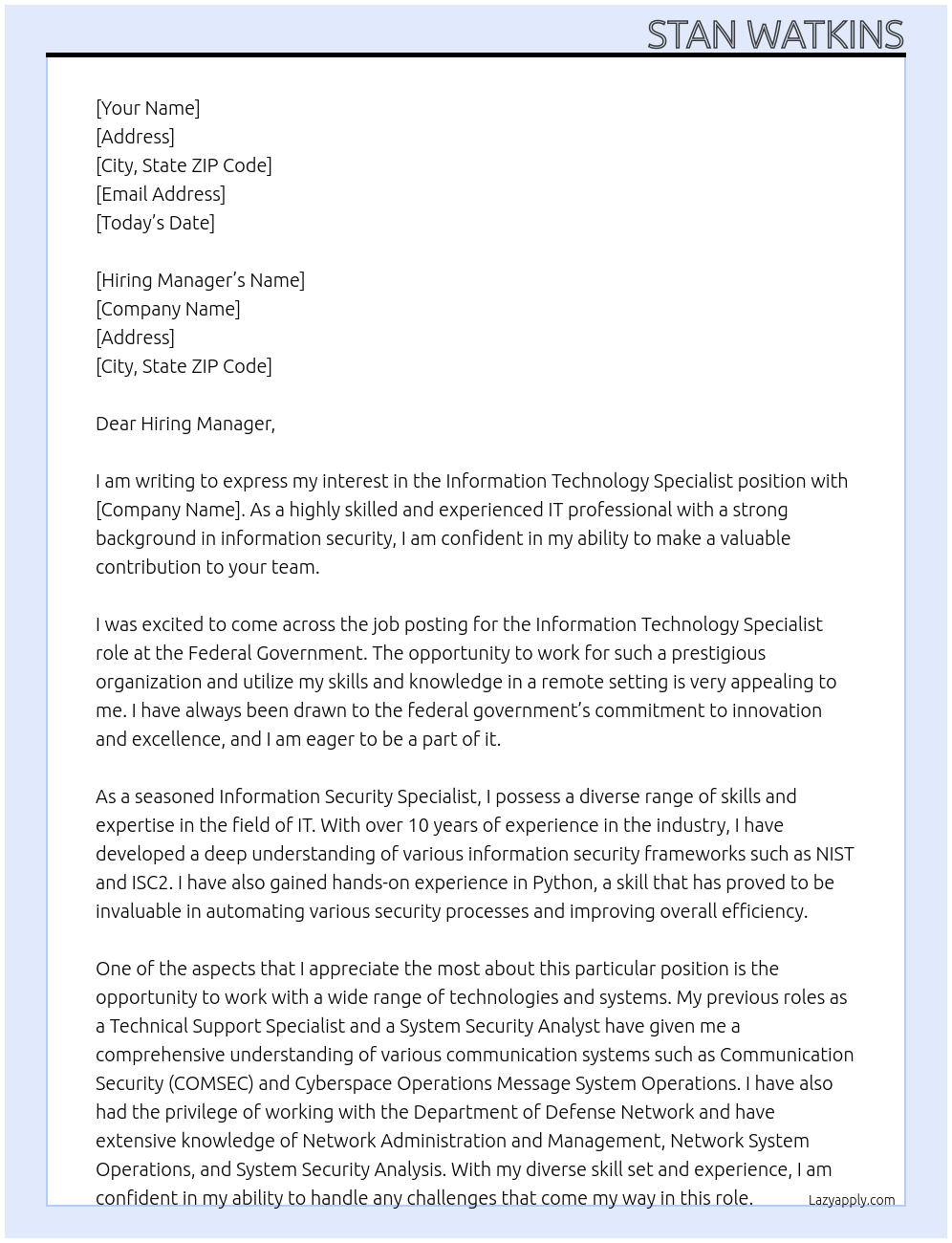Information Technology Specialist At Federal Government Cover Letter