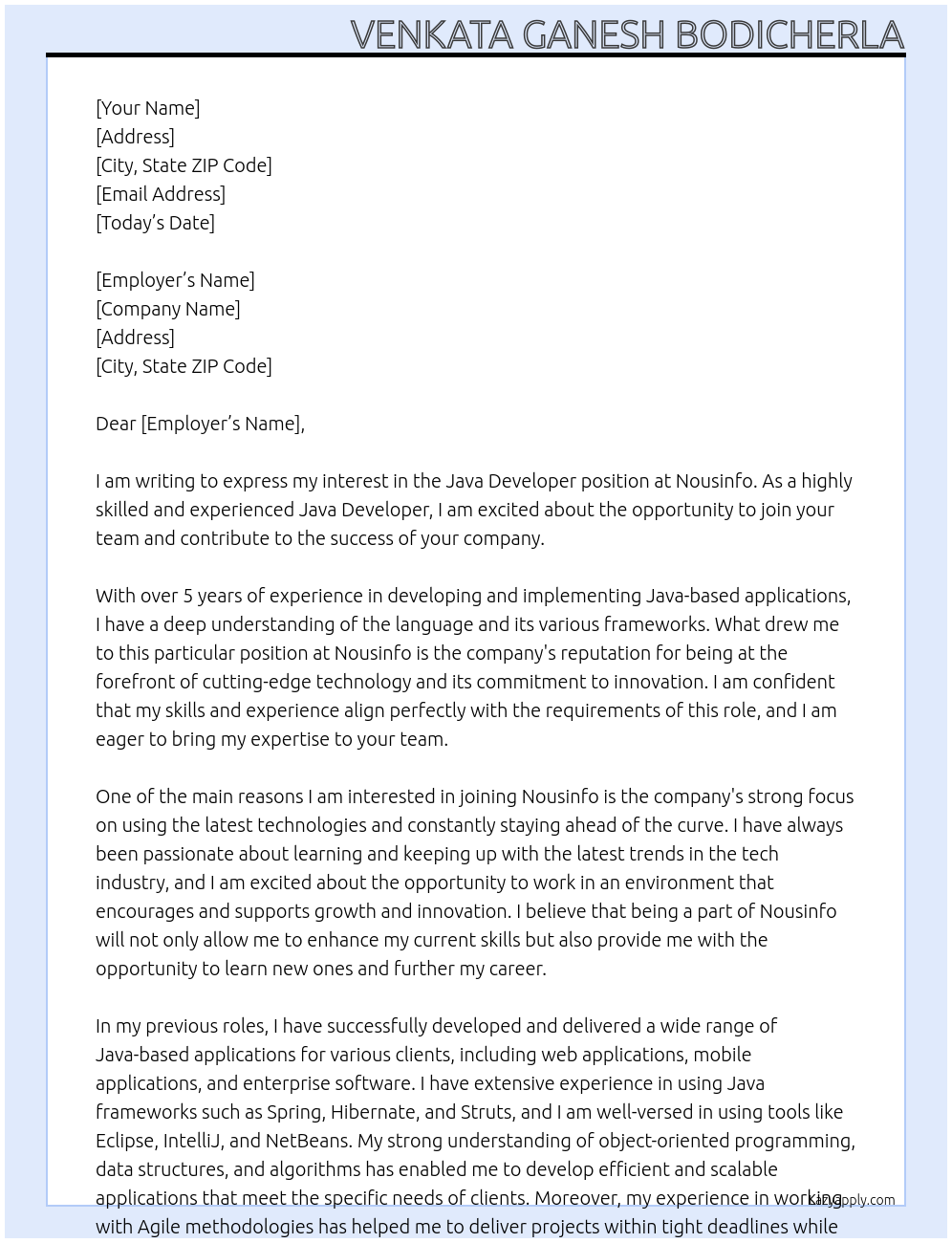 java Developer At nousinfo Cover Letter