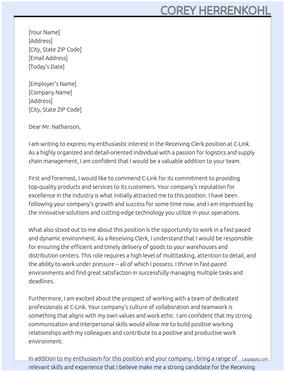 Receiving Clerk At C-Link Cover Letter