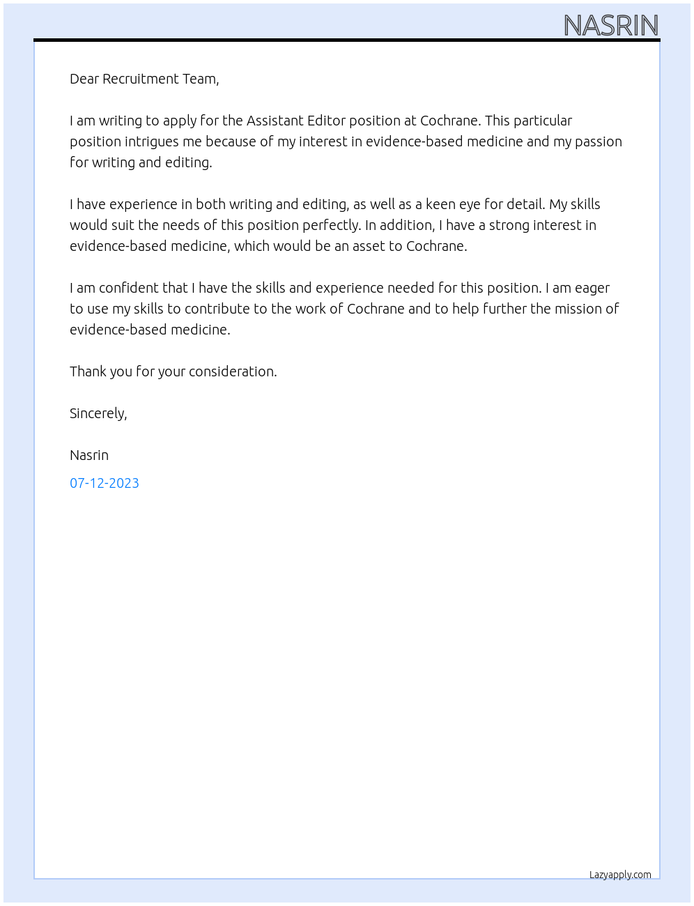 Assistant Editor At cochrane Cover Letter