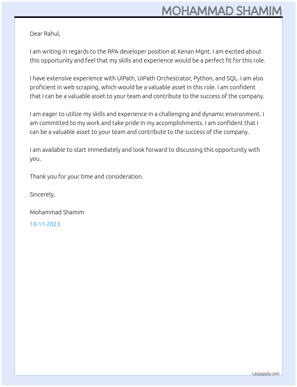 RPA developer At Kenan Mgnt Cover Letter