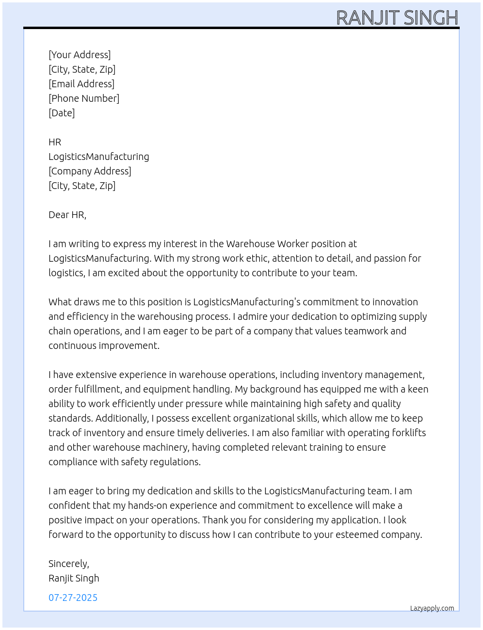 Cover letter for warehouse worker - LazyApply