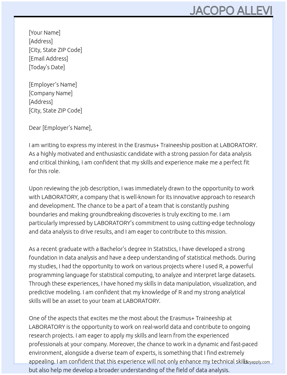 Cover letter for erasmus+ traineeship - LazyApply