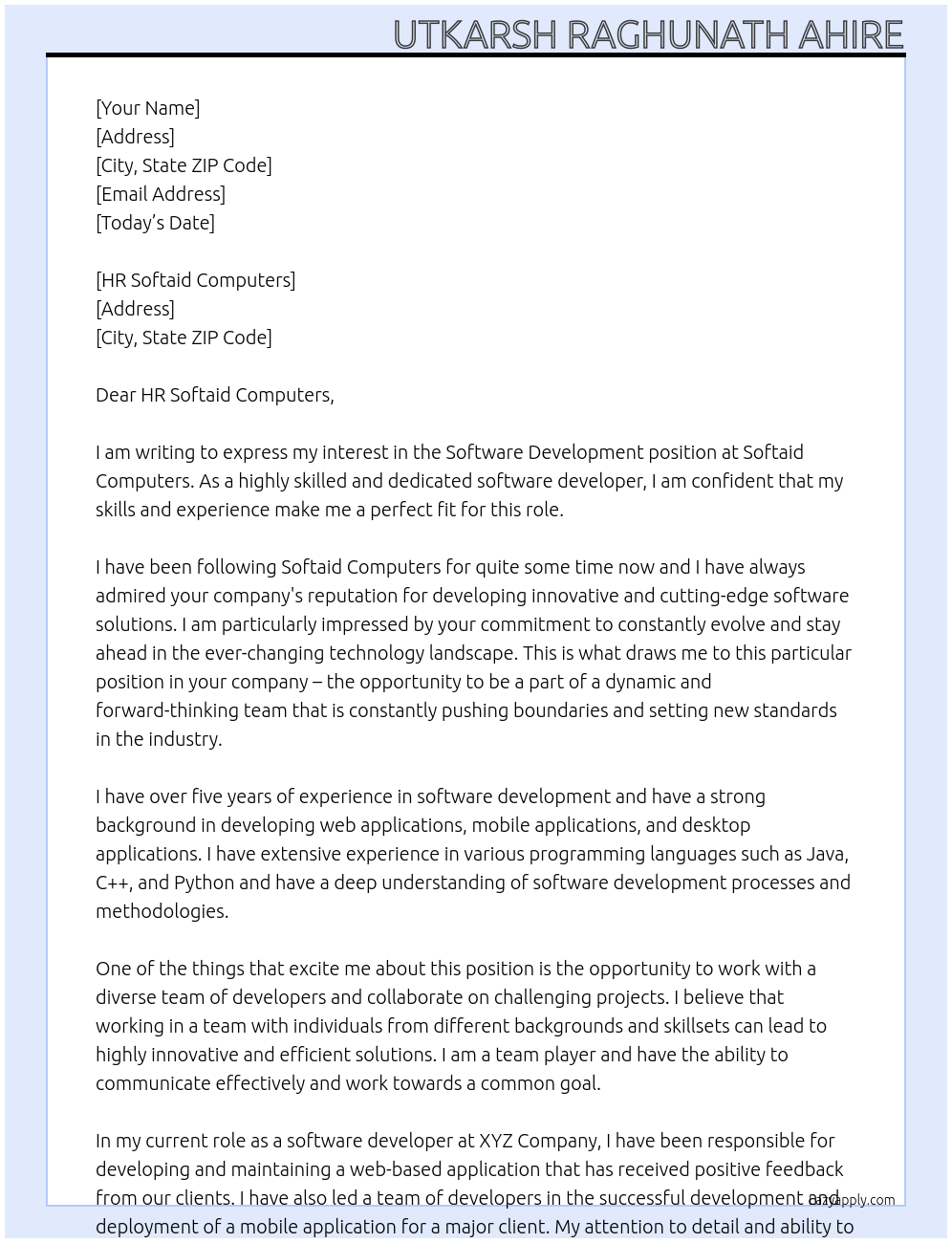 Software Development At Softaid Computers Cover Letter