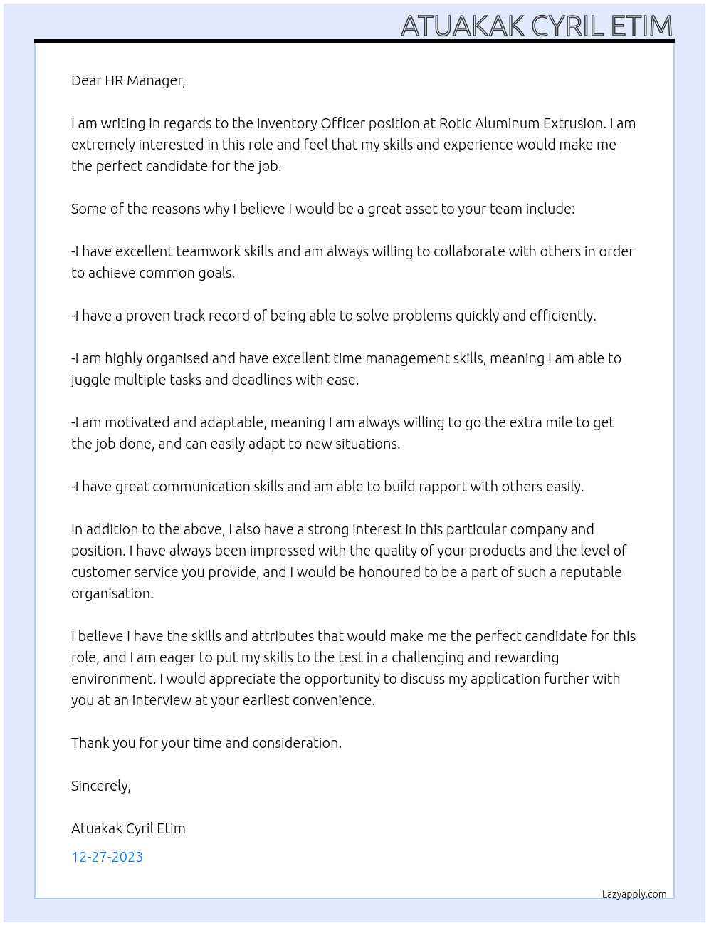 Inventory Officer At Rotic Aluminum Extrusion Cover Letter