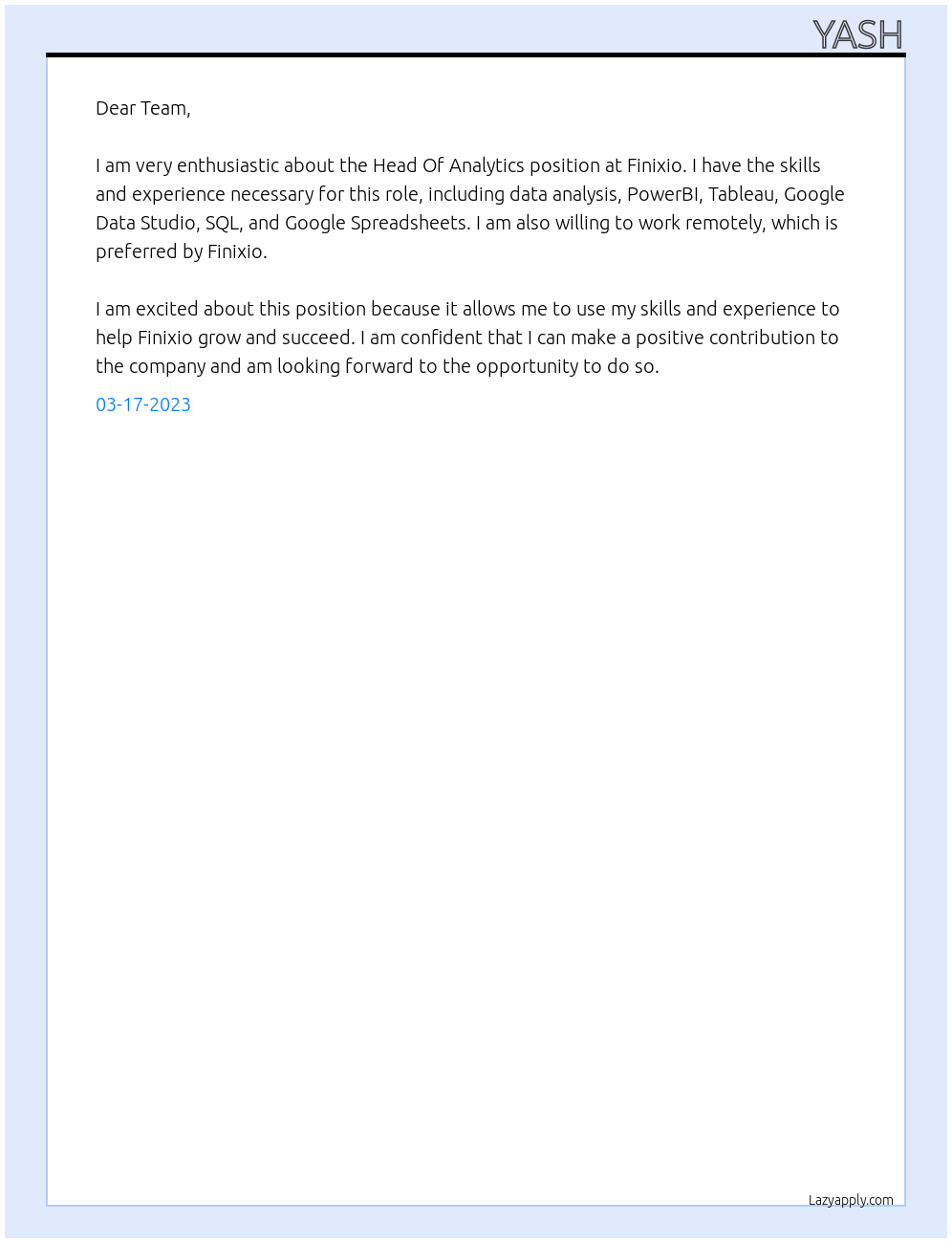 Head Of Analytics At Finixio Cover Letter