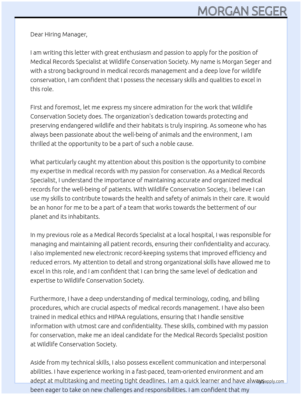 Medical Records Specialist At Wildlife Conservation Society Cover Letter