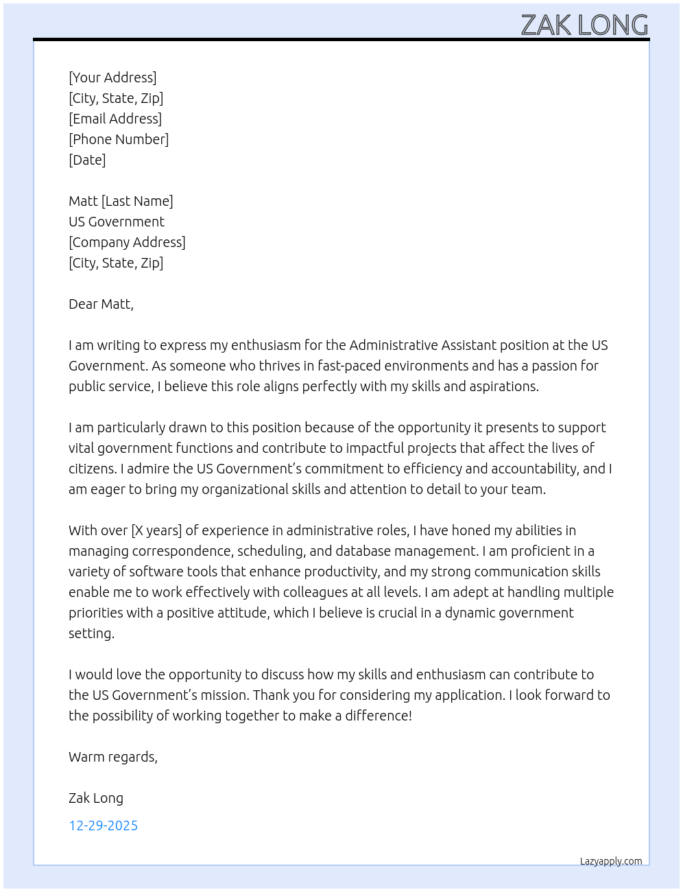 Administrative Assistant At US Government Cover Letter